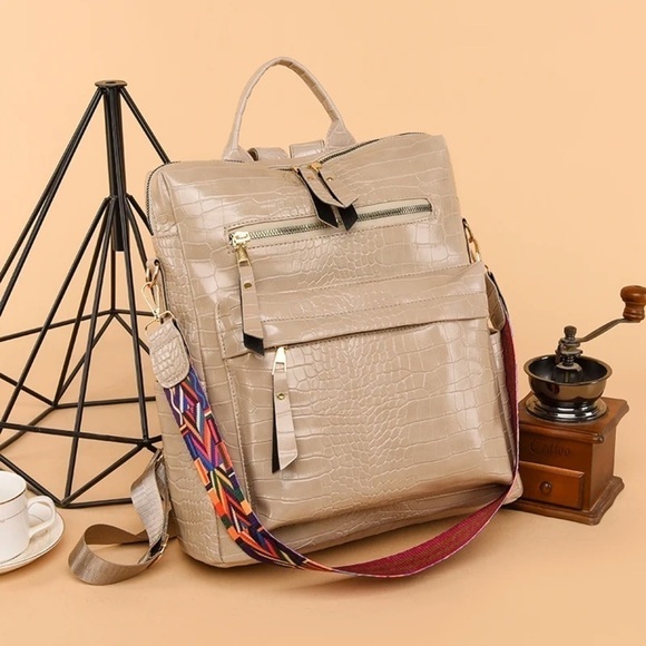 Faux Leather Croco Embossed Convertible Shoulder Bag Backpack Cream Beige - Picture 3 of 15